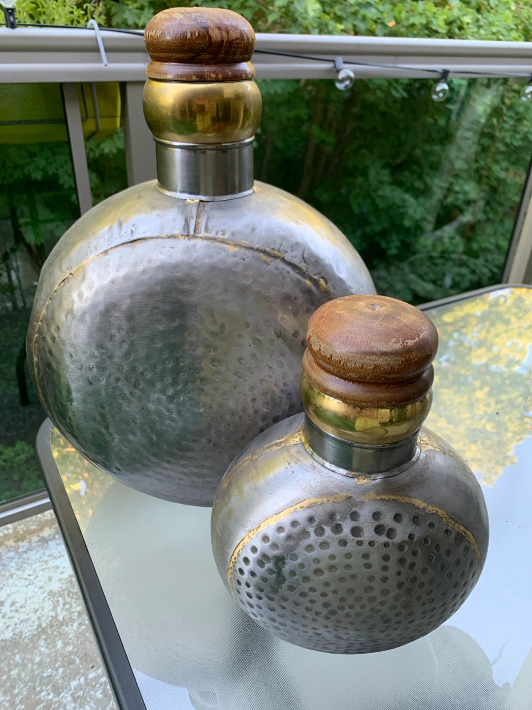 Set of 2 Hammered Metal Decorative Bottles with Wood Tops - photo 3