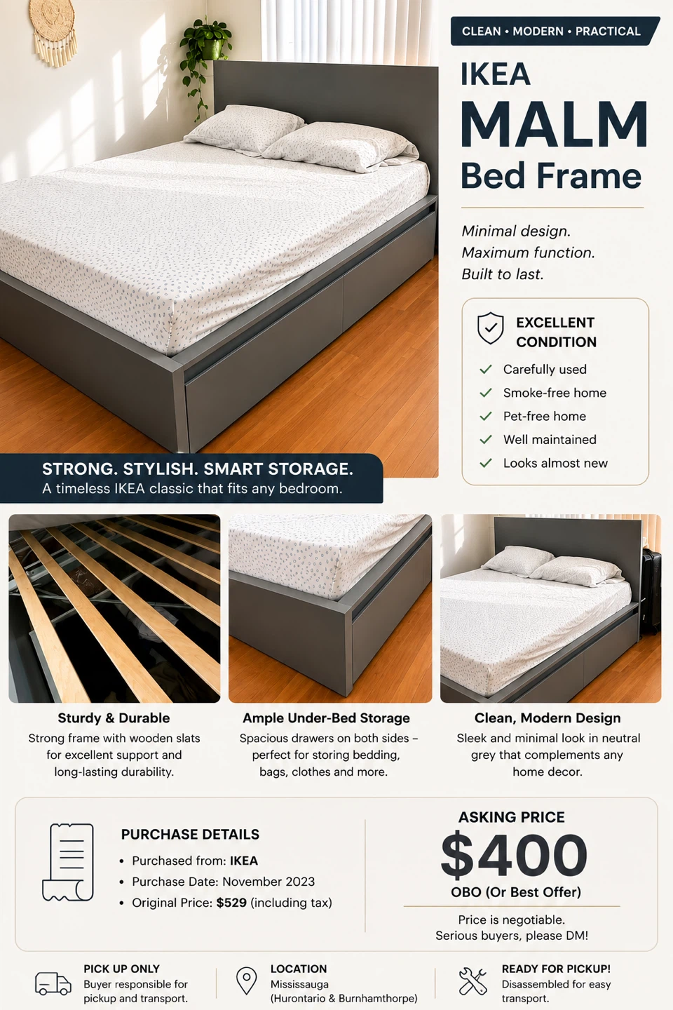 IKEA MALM Bed Frame with Under-Bed Storage - Queen