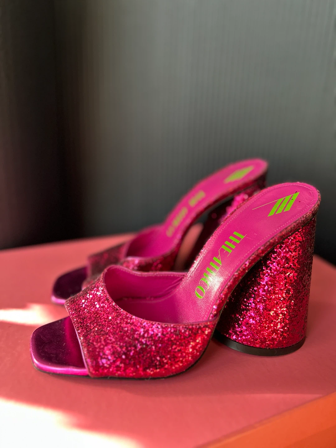 The Attico Pink Glitter Mule Heels
