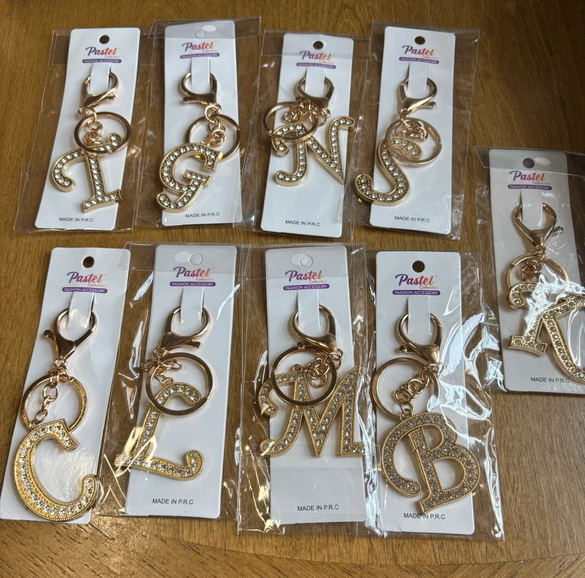 NEW- Lot of 9-Pastel Rhinestone Initial Letter Keychains
