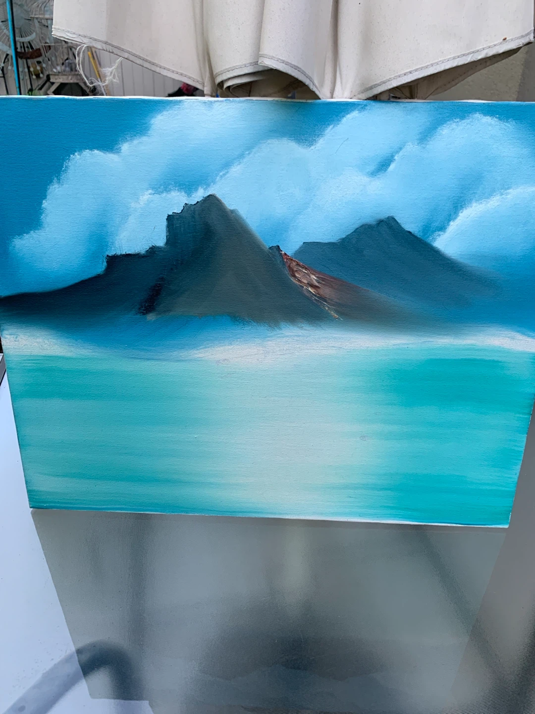 Landscape painting of mountains and water - photo 4
