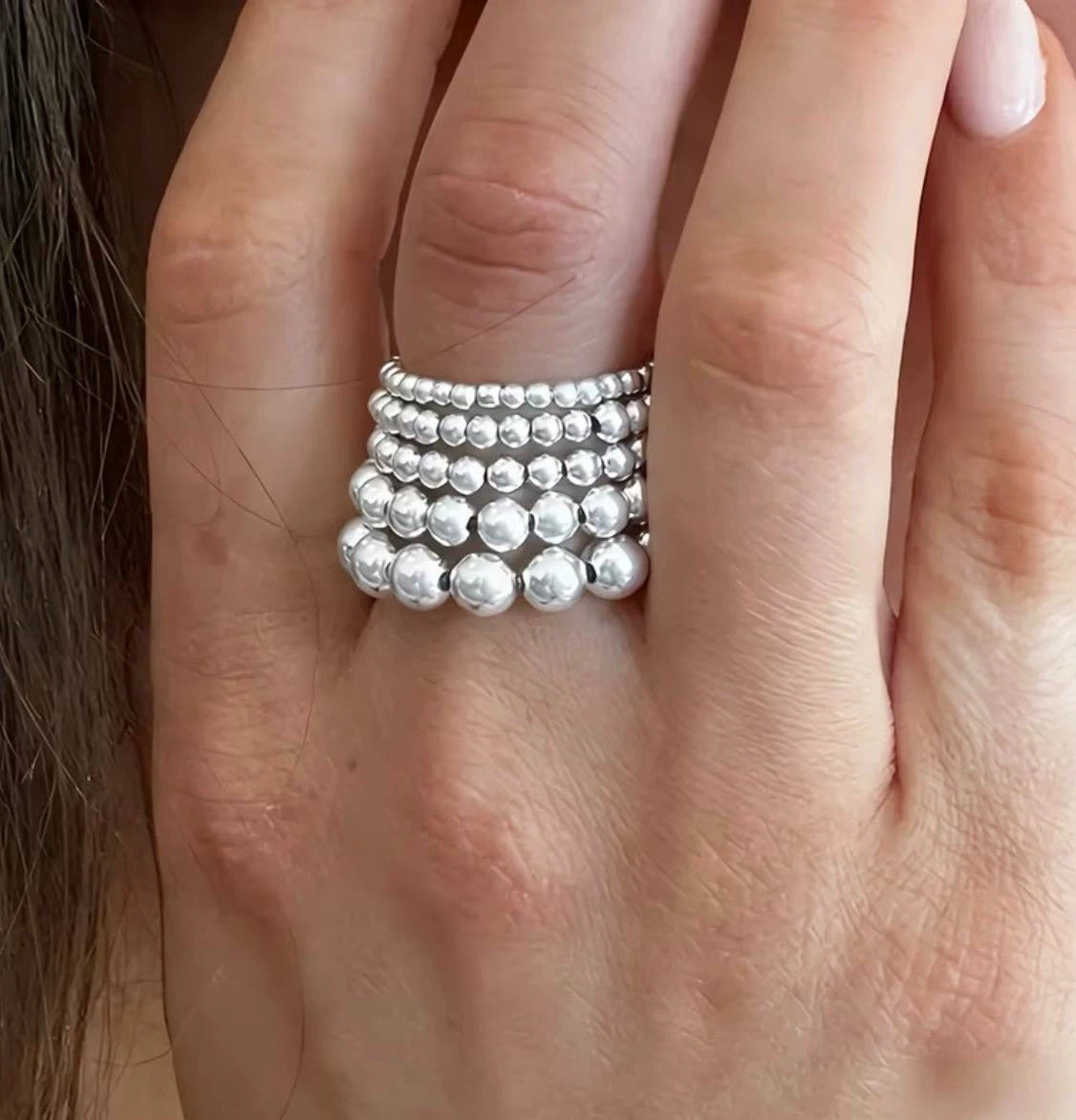 Silver Beaded Stacking Ring Set (5 Rings)