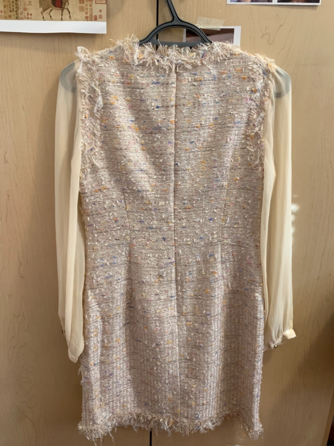 Size S Tweed Dress with Sheer Chiffon Sleeves & 3D Floral Neck - photo 5