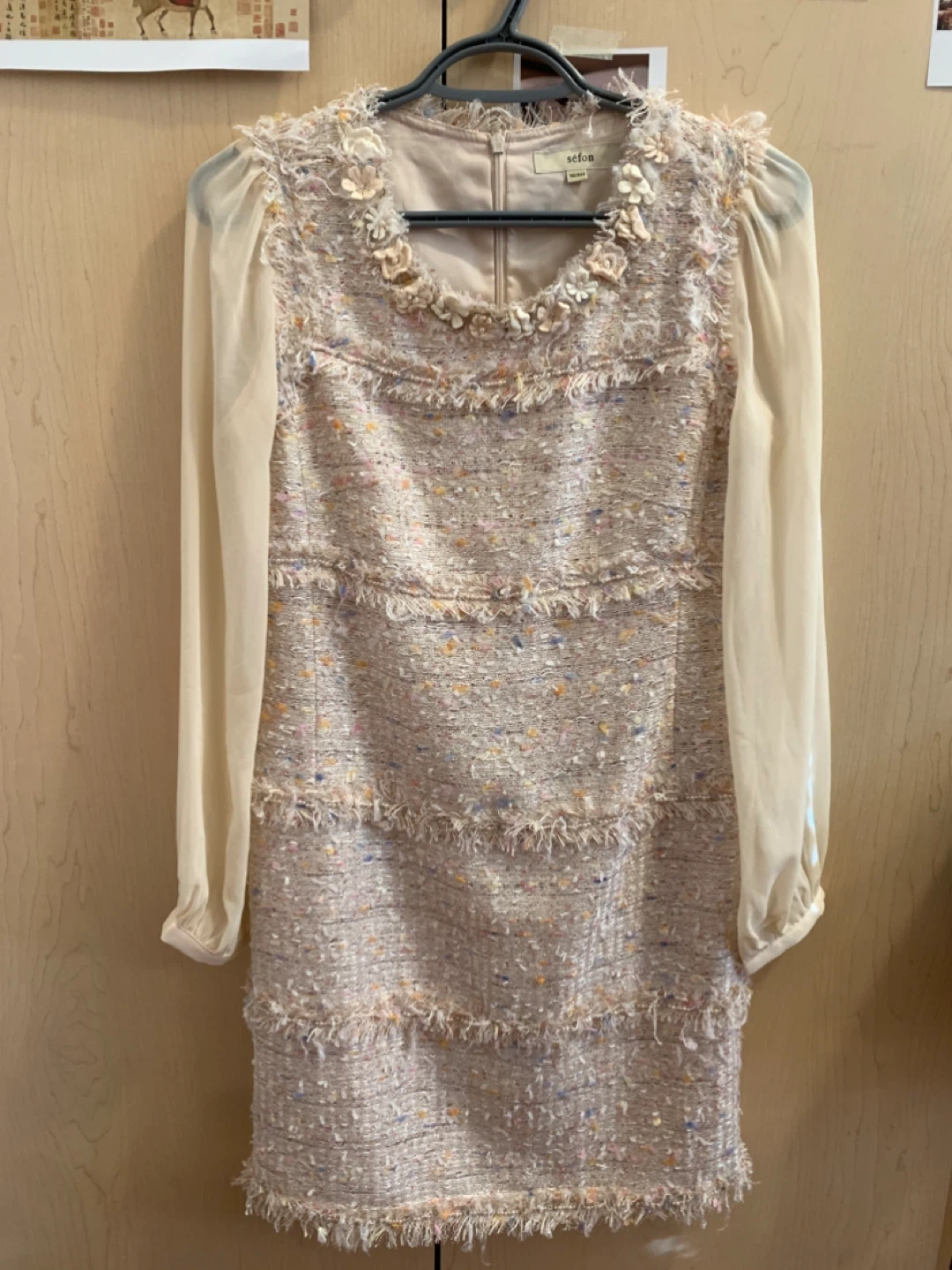 Size S Tweed Dress with Sheer Chiffon Sleeves & 3D Floral Neck