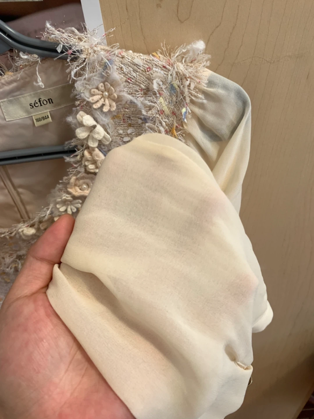Size S Tweed Dress with Sheer Chiffon Sleeves & 3D Floral Neck - photo 4