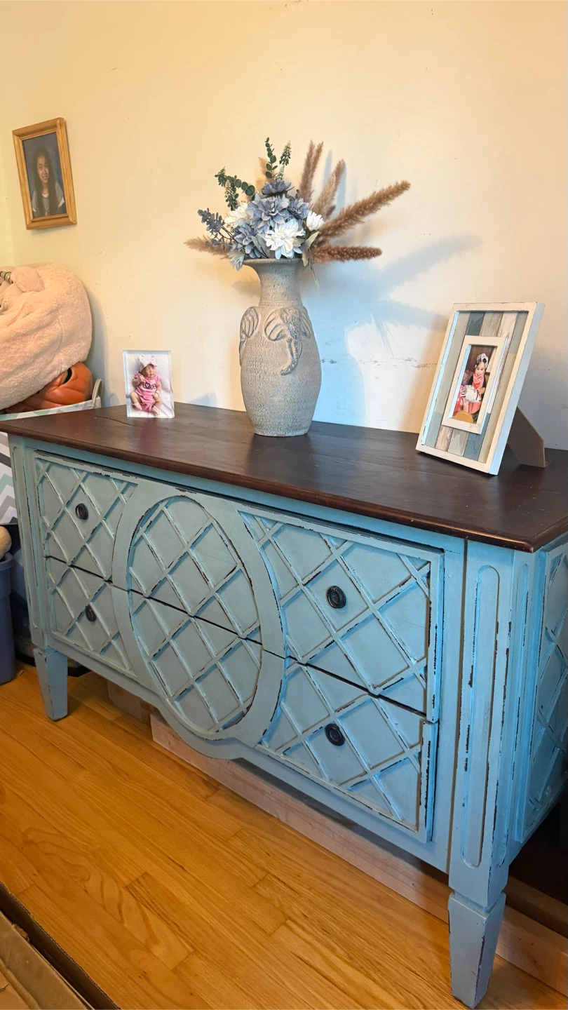 Blue Distressed Dresser with Dark Wood Top check more pictures