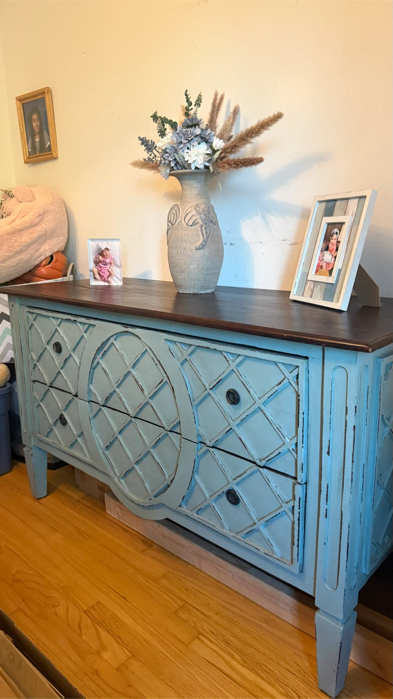 Blue Distressed Dresser with Dark Wood Top check more pictures - photo 2