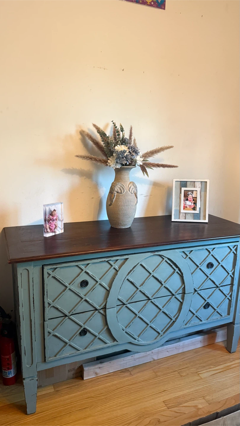 Blue Distressed Dresser with Dark Wood Top check more pictures - photo 3