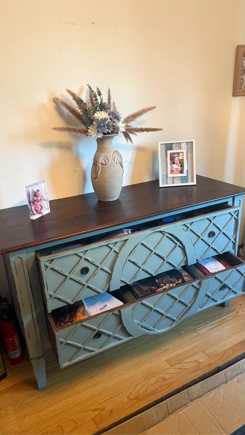 Blue Distressed Dresser with Dark Wood Top check more pictures - photo 4