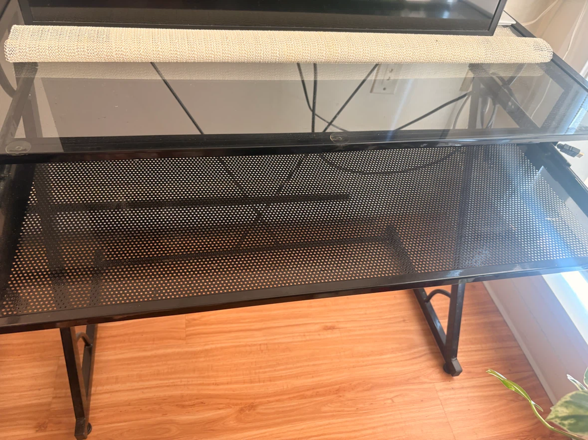 Black metal and glass desk with shelf