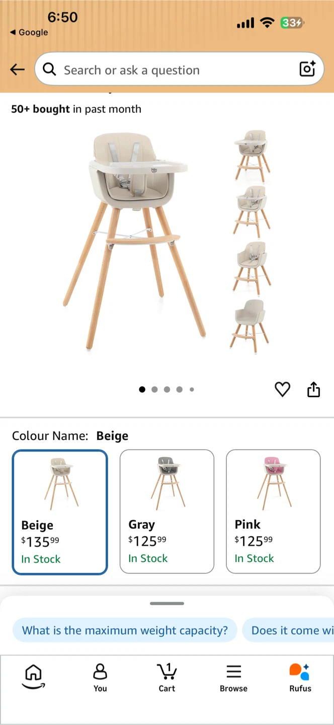 Beige Baby High Chair with Wooden Legs Baby joy