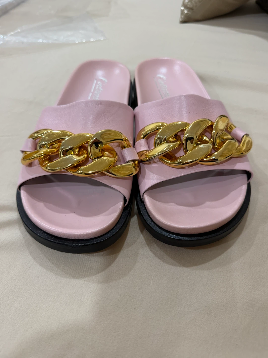 Pink Leather Slides with Gold Chain Detail - Size 39