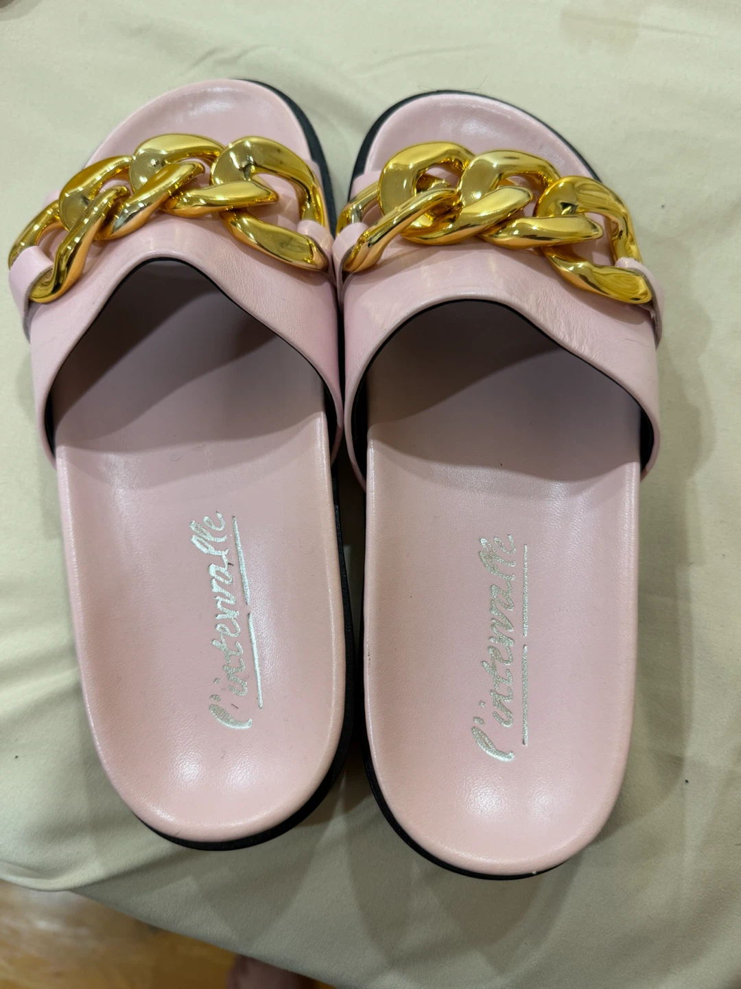 Pink Leather Slides with Gold Chain Detail - Size 39 - photo 2