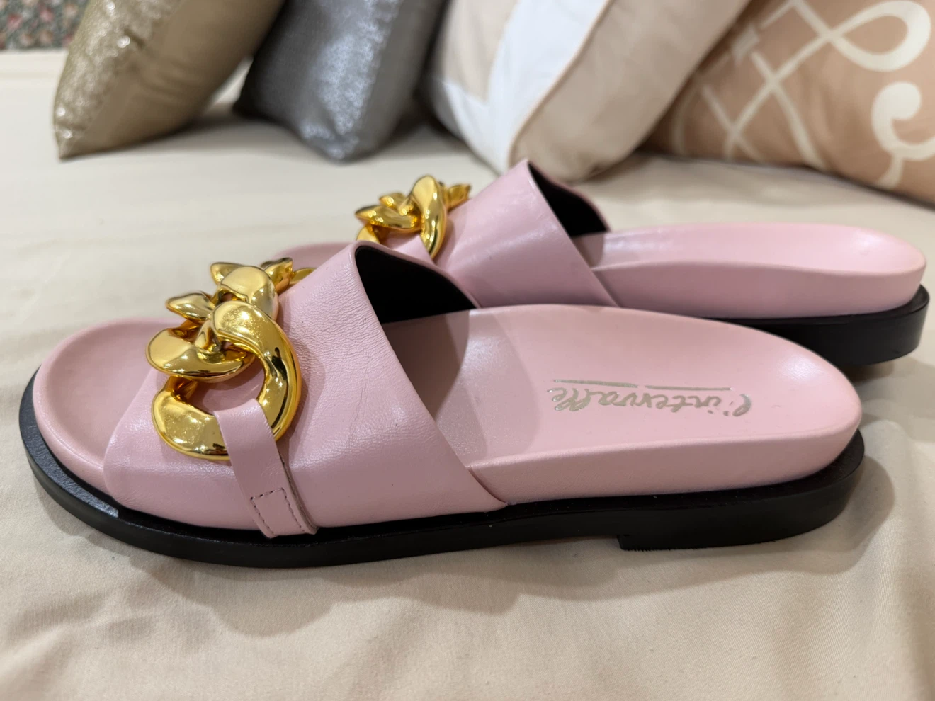 Pink Leather Slides with Gold Chain Detail - Size 39 - photo 4