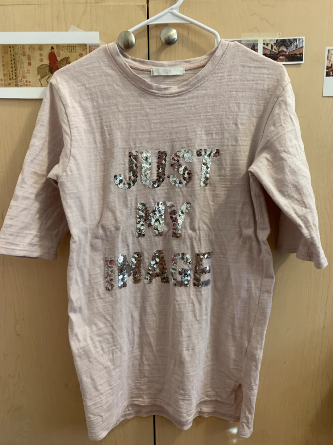 Size S Pale Pink Sequin Graphic Tee Slub Cotton 3/4 Sleeve Top