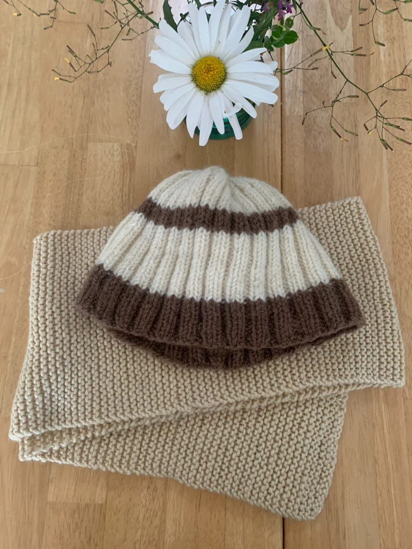 Hand-Knitted Striped Beanie and Scarf Set