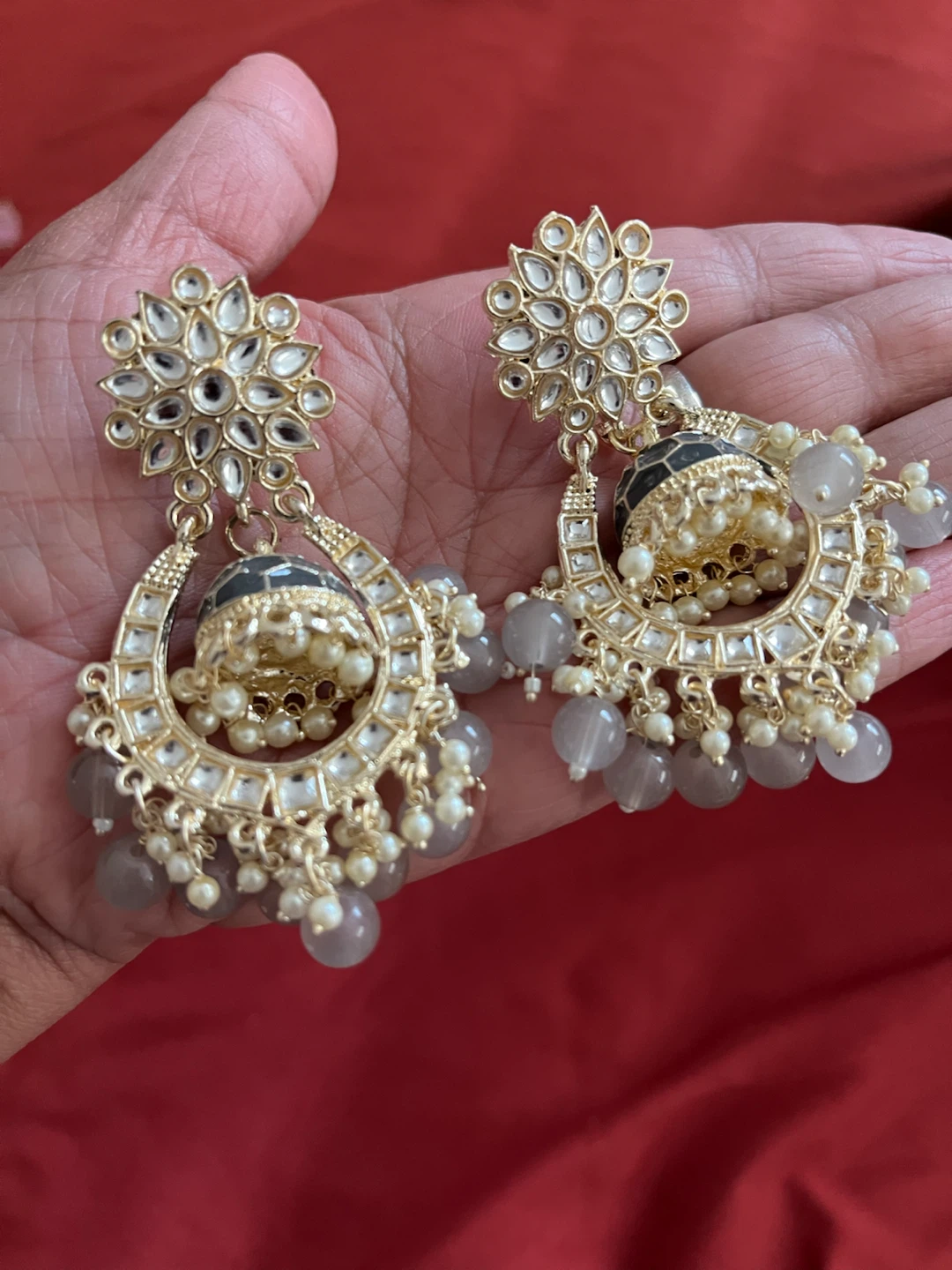 Gold Jhumka Earrings with Yellow and Grey Beads - photo 2