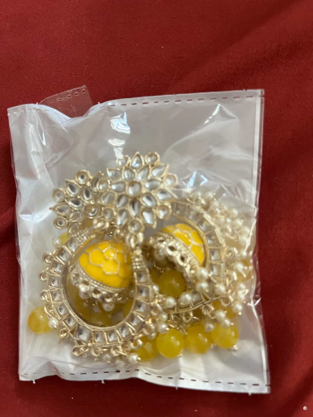 Gold Jhumka Earrings with Yellow and Grey Beads - photo 3