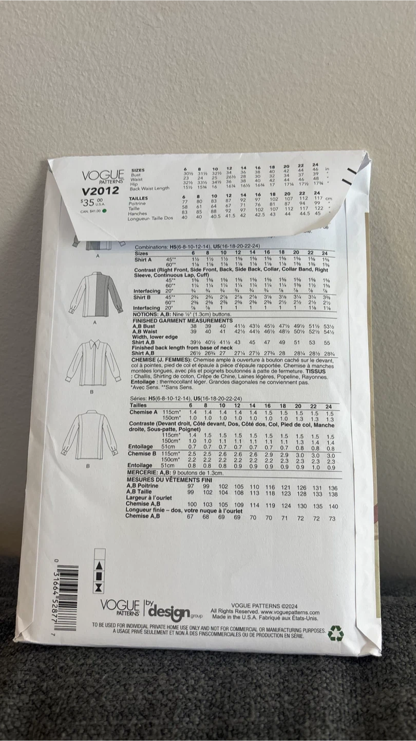 Vogue Shirt Sewing Pattern Sizes 18-24 - photo 3