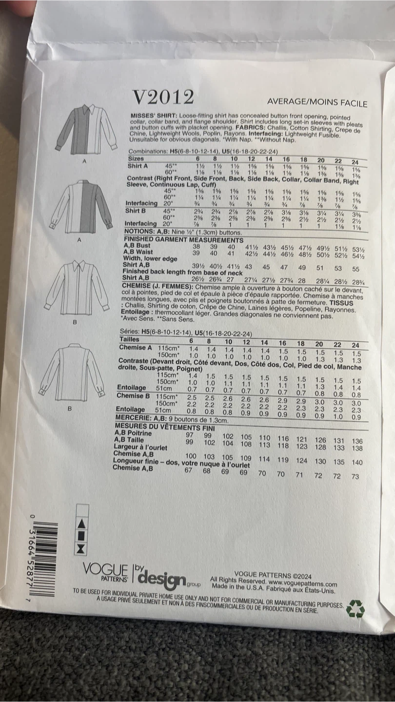Vogue Shirt Sewing Pattern Sizes 18-24 - photo 4