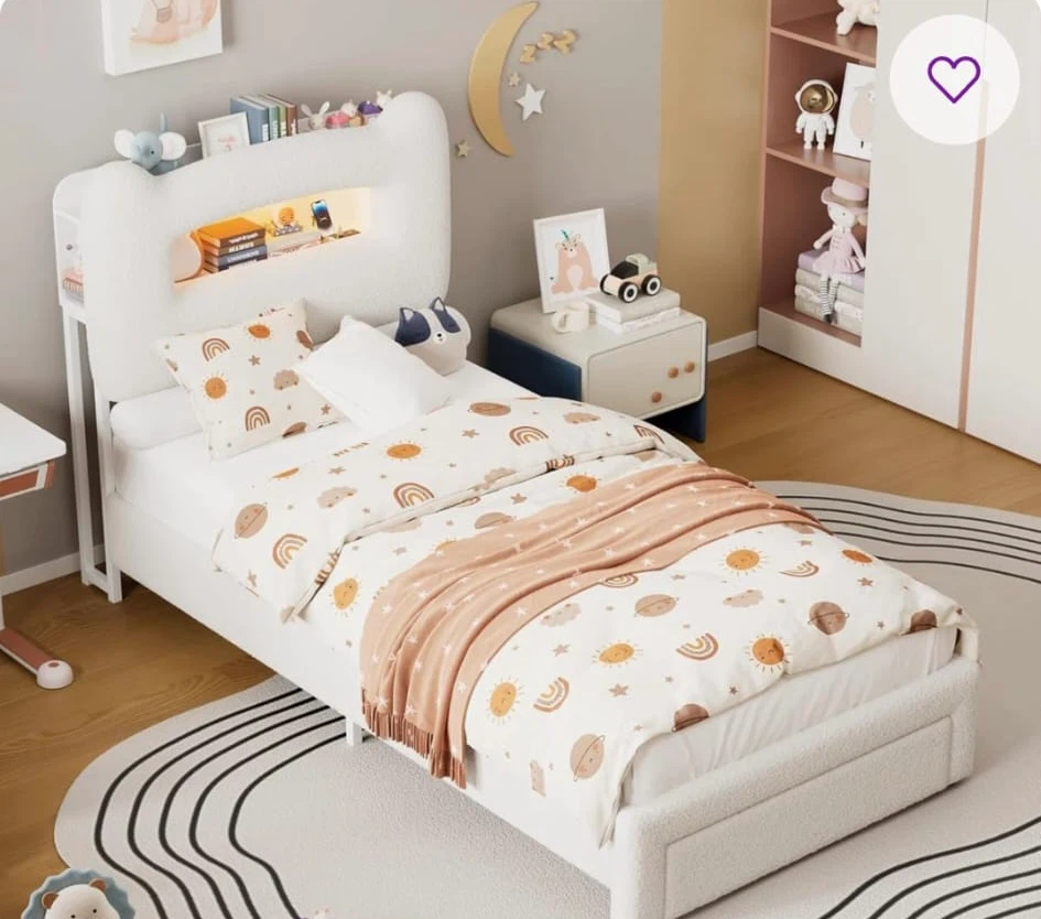 White Twin Bed with Bookshelf Headboard