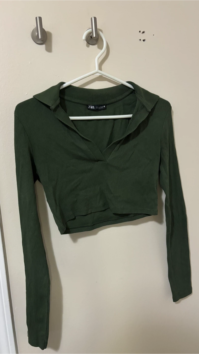 ZARA Ribbed Cropped Long Sleeve Polo Shirt Green