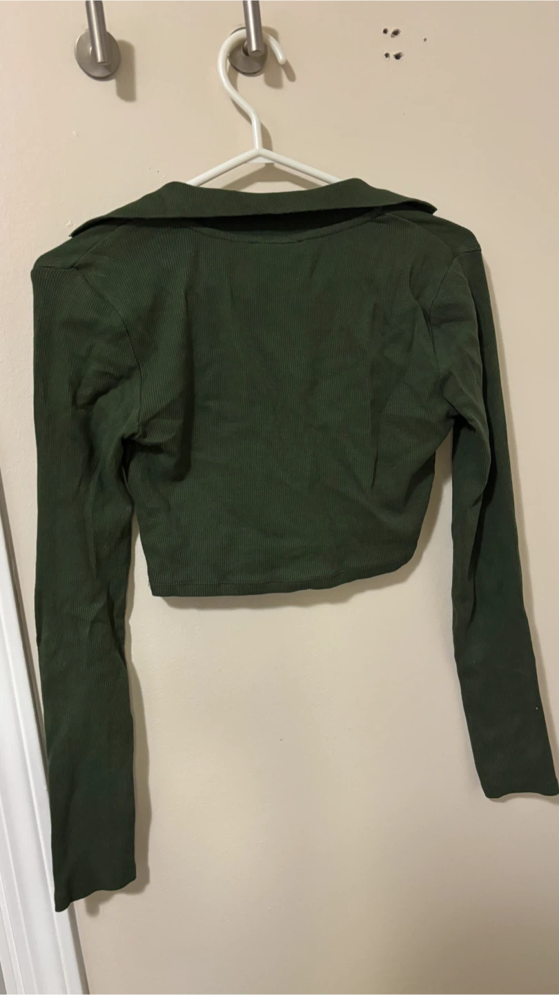 ZARA Ribbed Cropped Long Sleeve Polo Shirt Green - photo 3