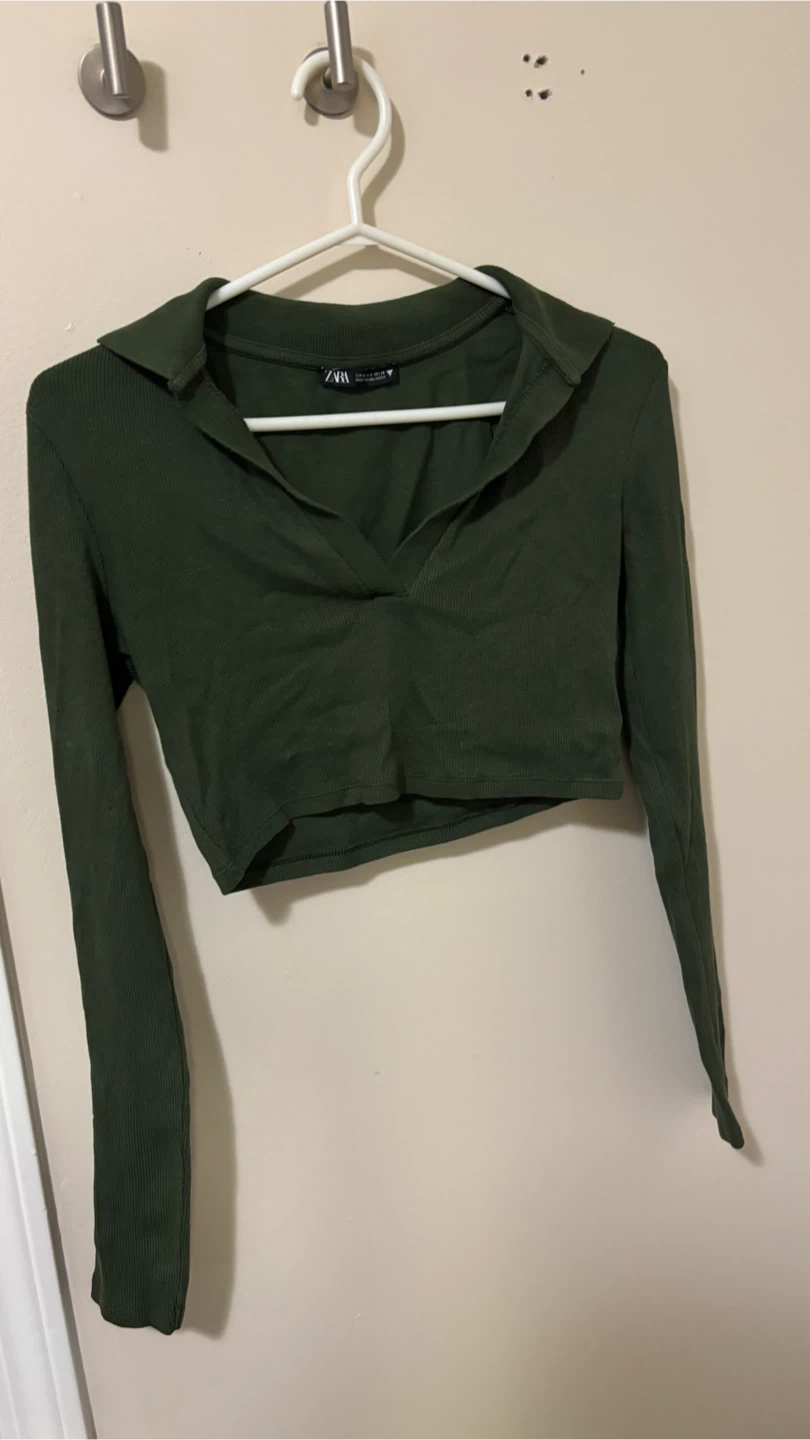 ZARA Ribbed Cropped Long Sleeve Polo Shirt Green - photo 4