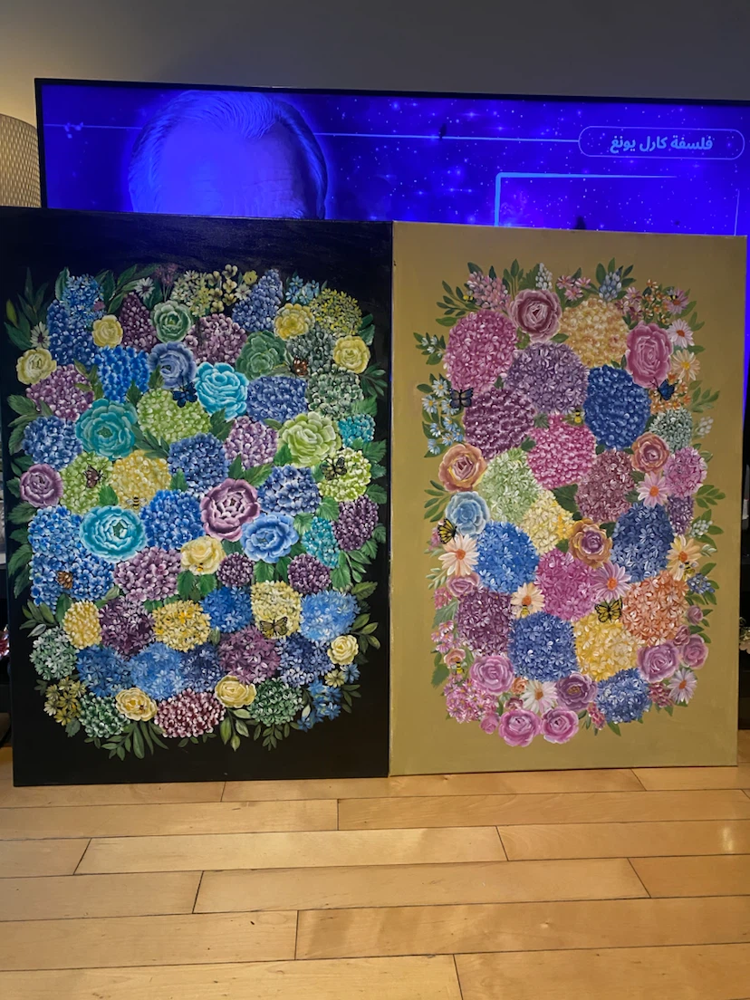 Two Floral Paintings, Acrylic on Canvas