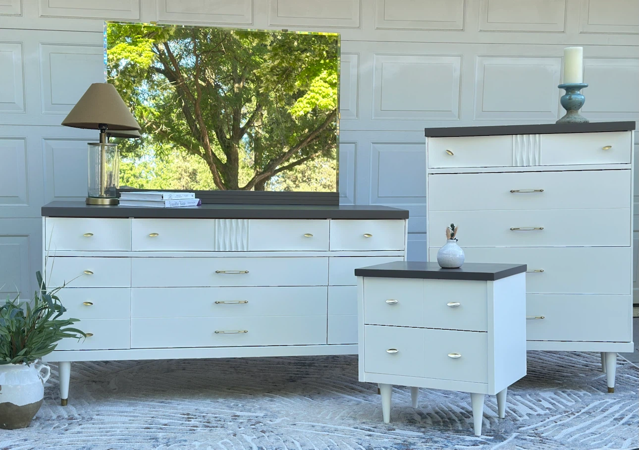 MCM Refinished Basset Bedroom Dressers and mirror