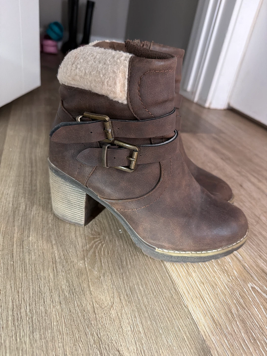 Brown Faux Leather Ankle Boots with Sherpa Lining