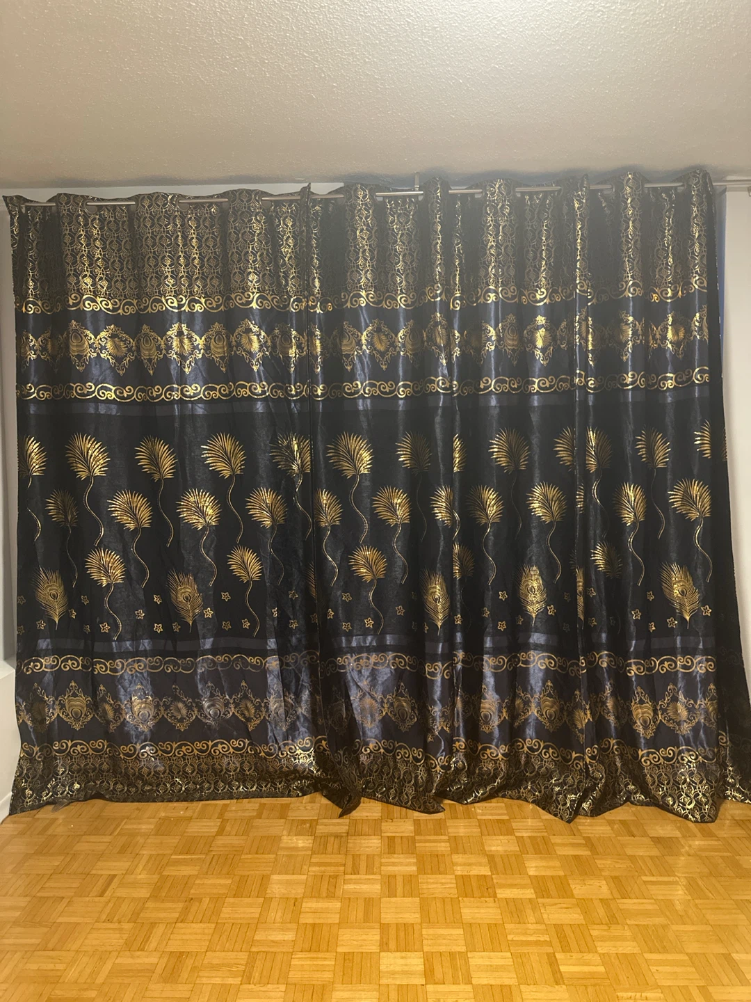 Dark navy and Gold Damask Pattern Curtains 3 piece