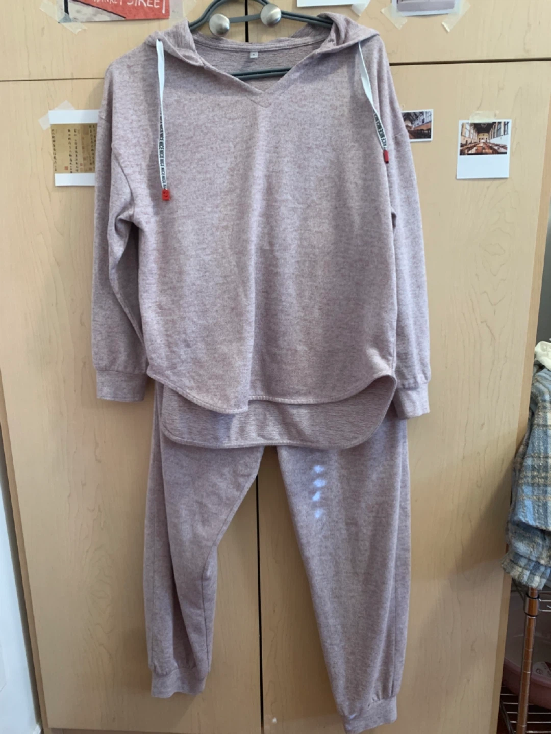Size S Heather Pink Knit Loungewear Set V-Neck Hoodie & Joggers