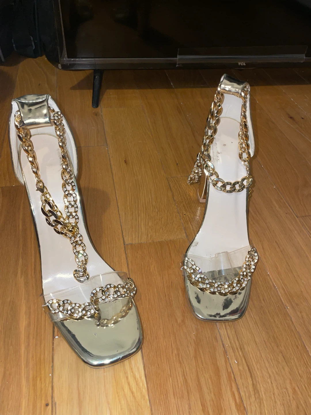 Gold Chain Block Heel Sandals