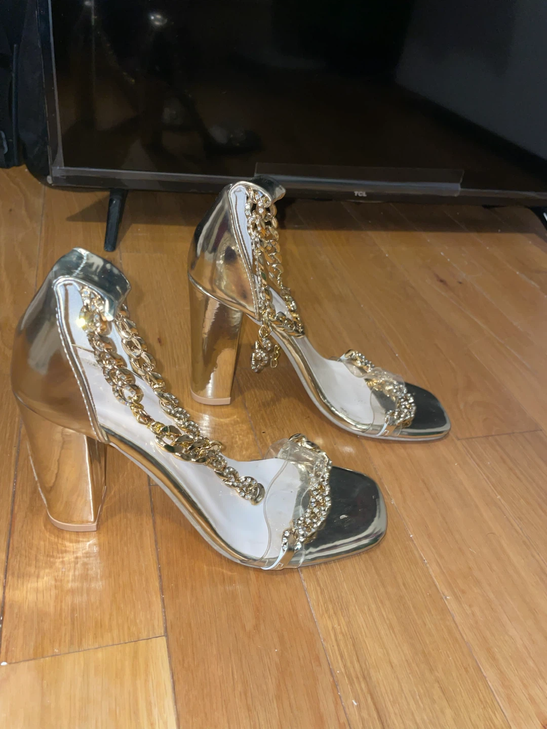 Gold Chain Block Heel Sandals - photo 2