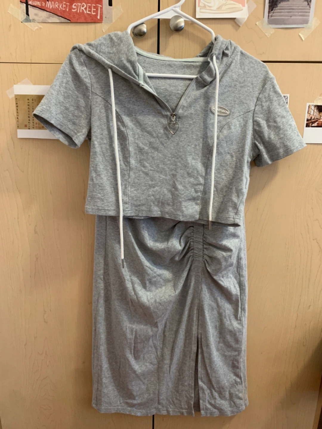 Size S Grey 2-Piece Set Crop Hoodie & Ruched Slit Skirt