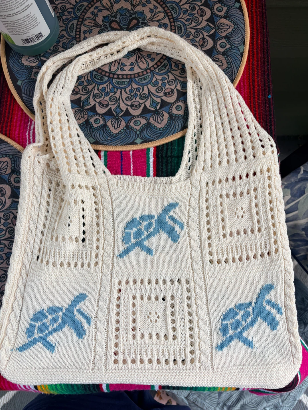 Cream Knit Tote Bag with Turtle Design