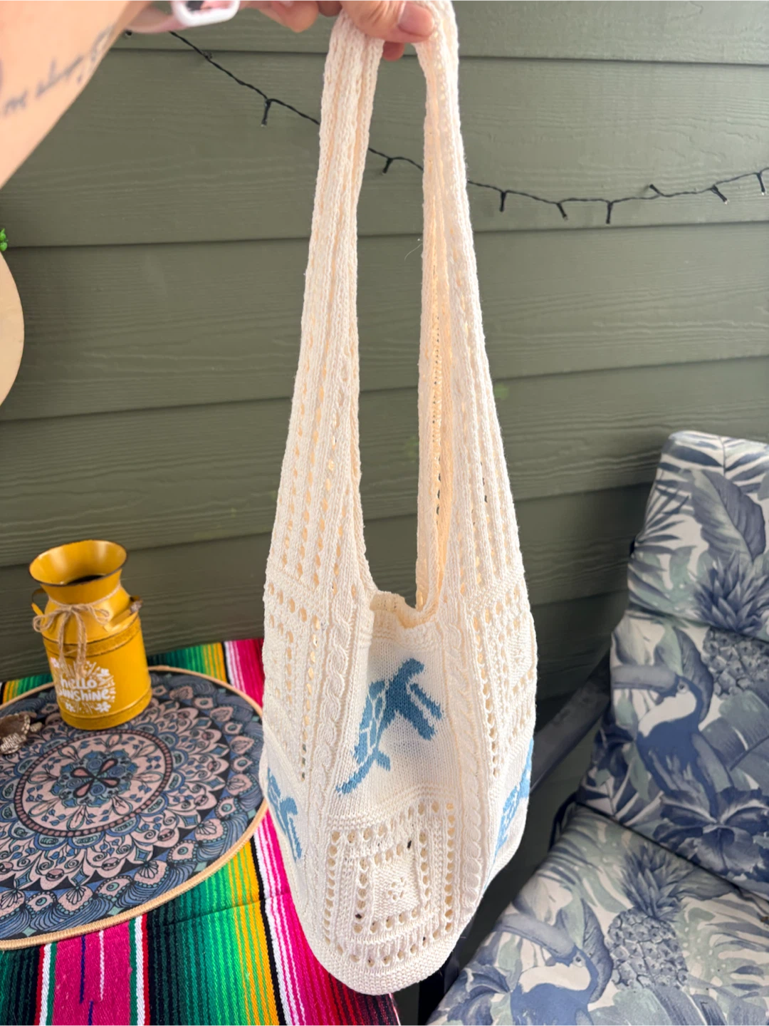 Cream Knit Tote Bag with Turtle Design - photo 2