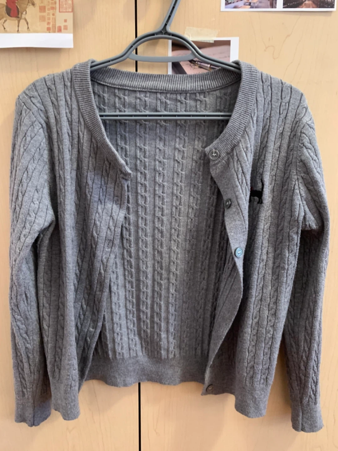 Size S Grey Cable Knit Cardigan w/ Dog Embroidery Sweater