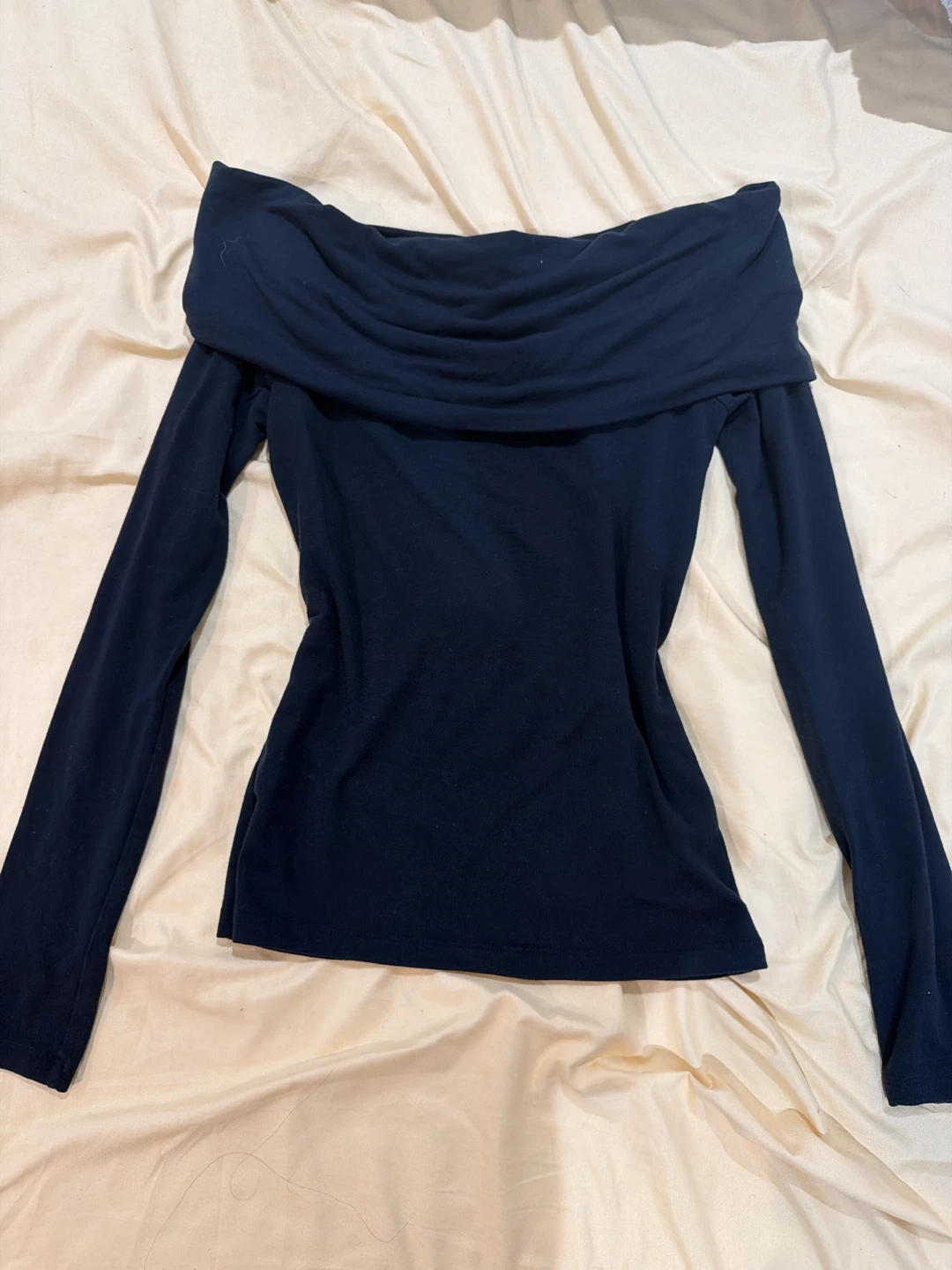 Aritzia Navy Blue Off-the-Shoulder Long Sleeve Top