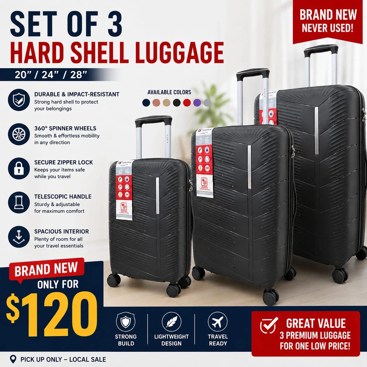 Brand New Set of 3 Hard Shell Luggage