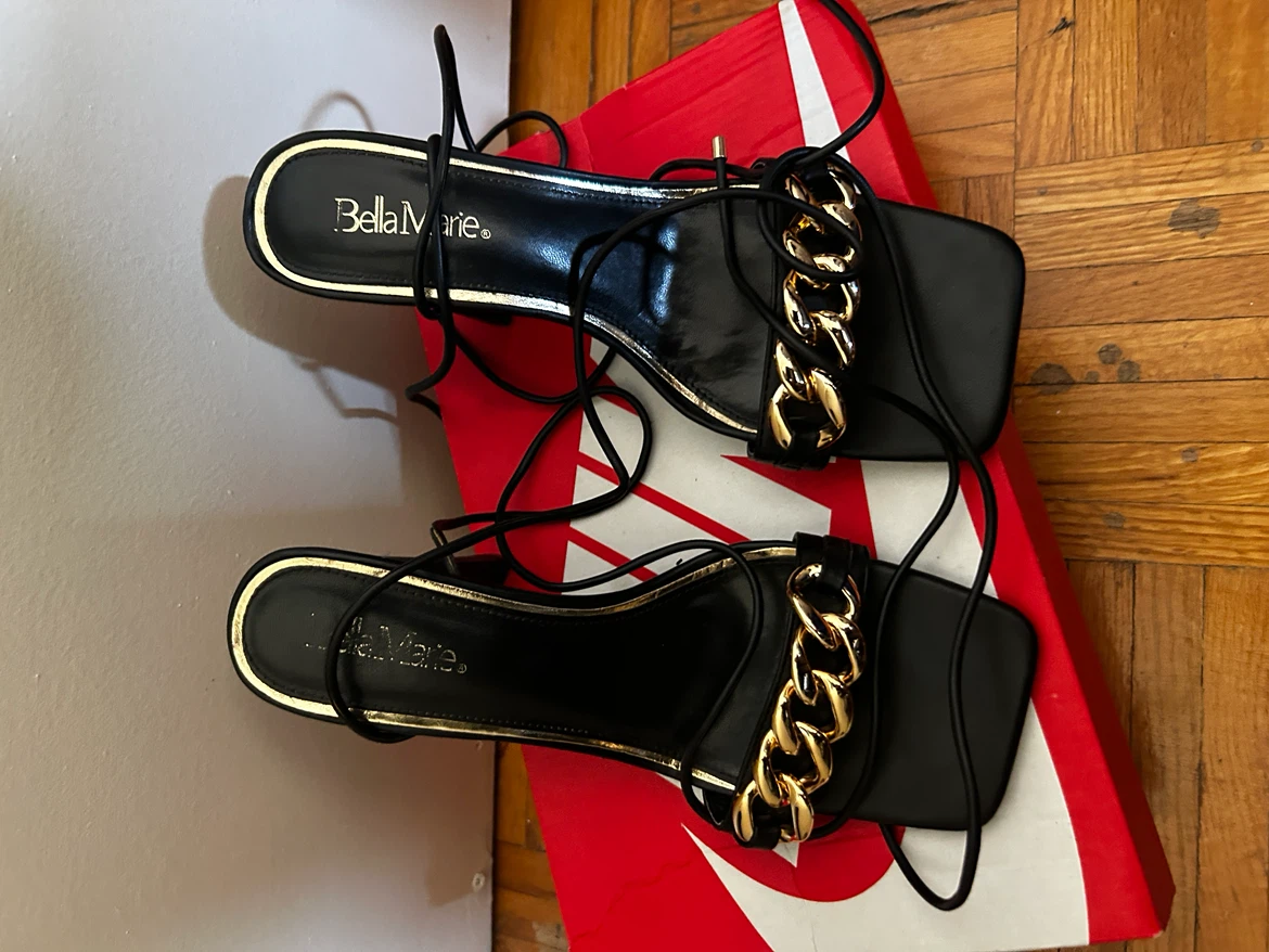 Bella Marie Black Heeled Sandals with Gold Chain Detail