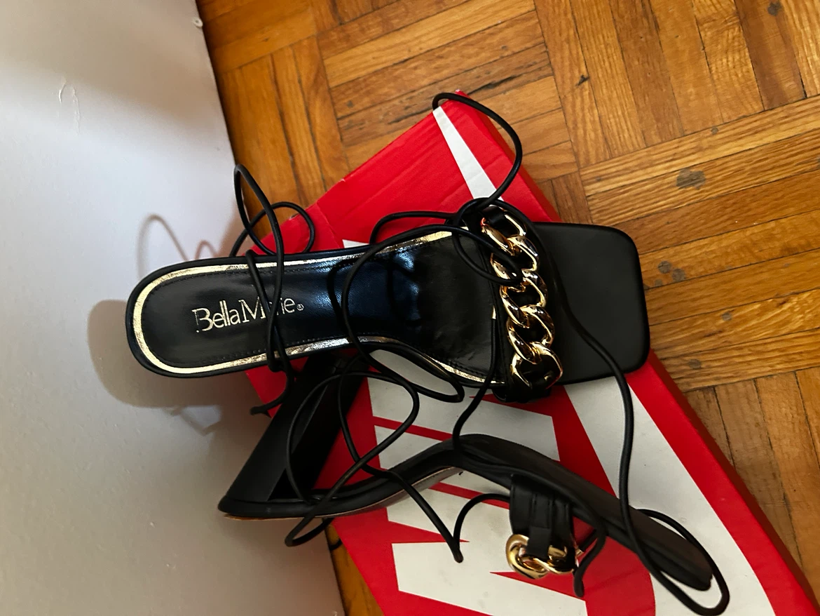 Bella Marie Black Heeled Sandals with Gold Chain Detail - photo 2