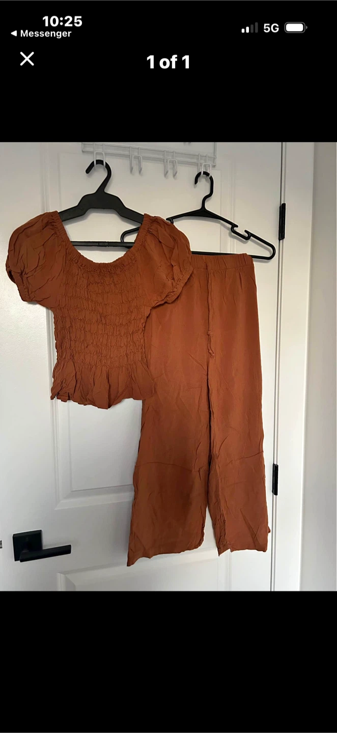 Rust Smocked Puff Sleeve Top & Wide Leg Pants Set