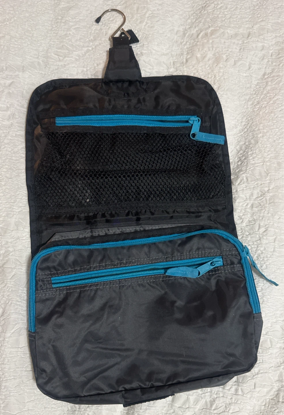 Black Hanging Toiletry Bag with Blue Accents