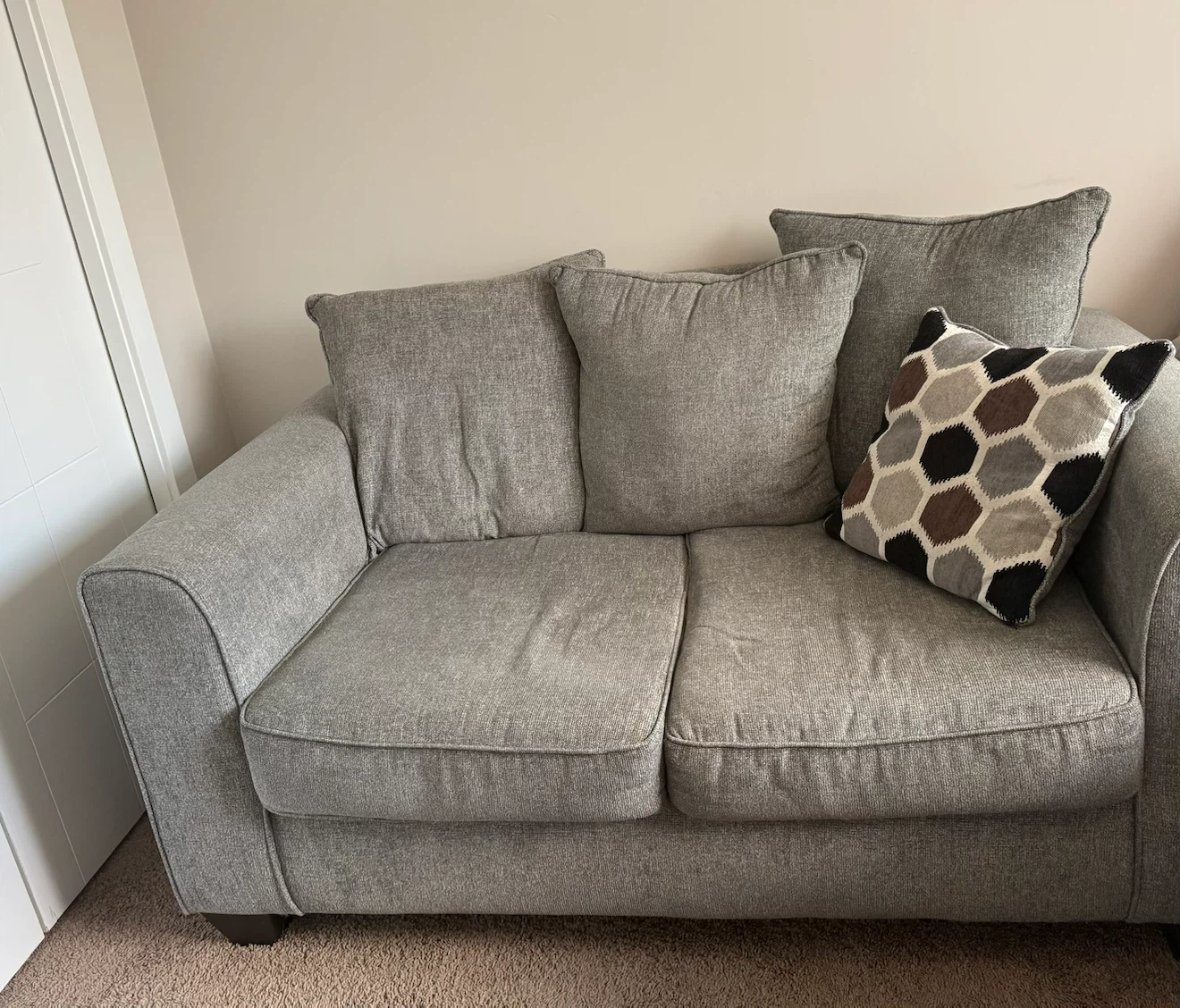 2 Grey Fabric Sofas with 3 Throw Pillows - photo 2