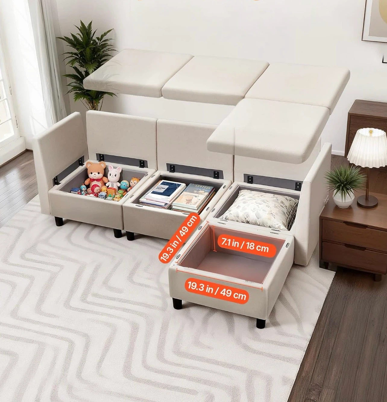 Beige Sectional Sofa and Ottoman (with Storage) - photo 3