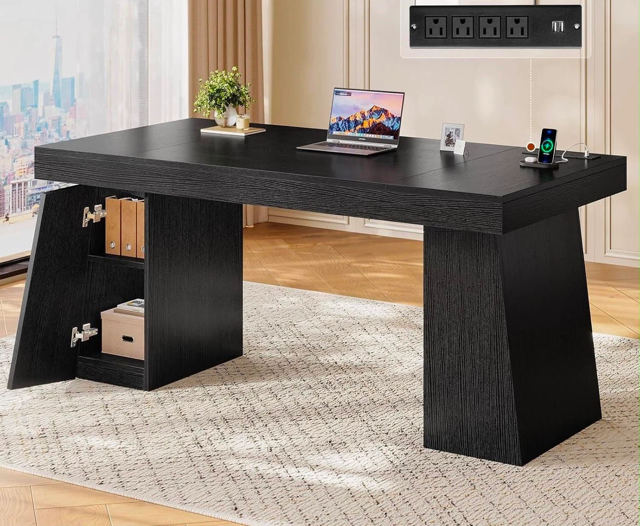 Black Modern Desk with Storage and Built-in Power Outlet
