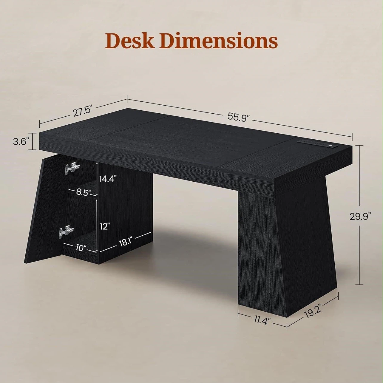 Black Modern Desk with Storage and Built-in Power Outlet - photo 2