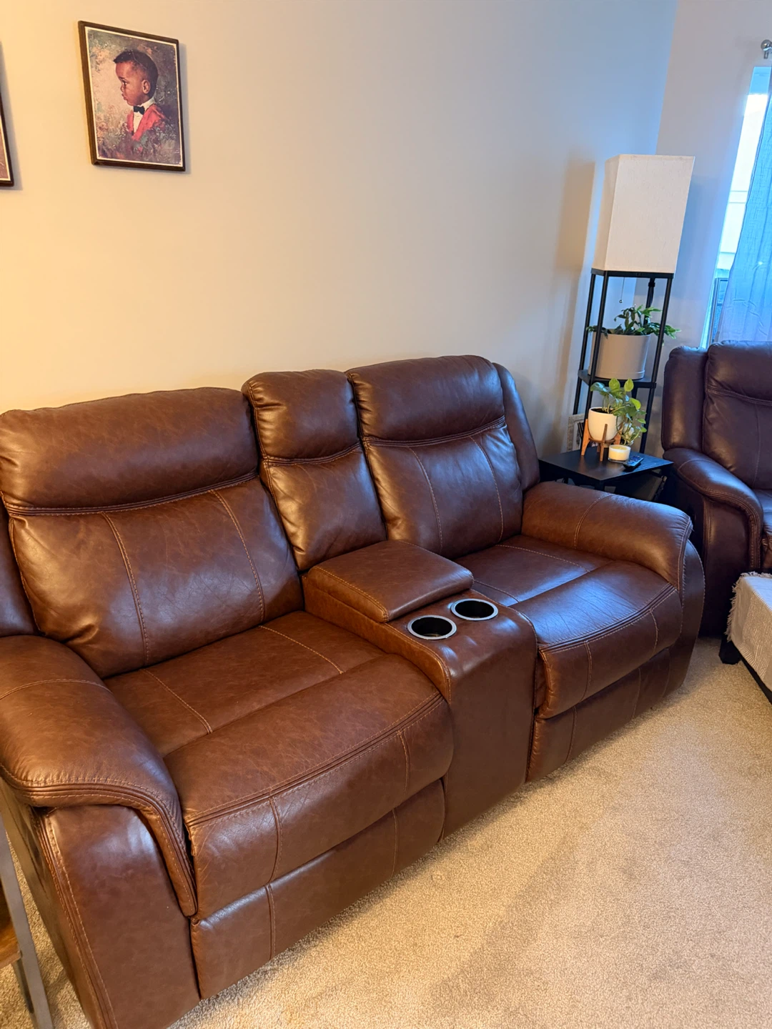 Brown Leather Loveseat Recliner with Cup Holders